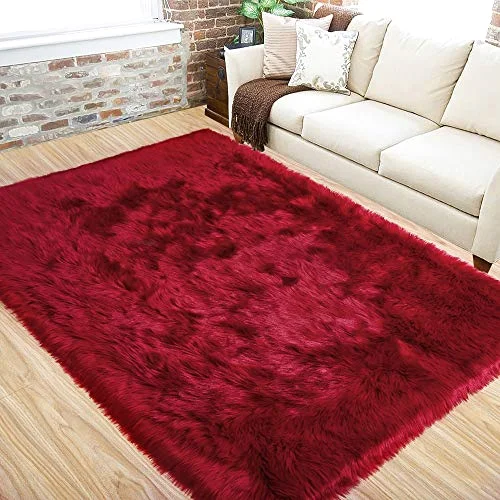 LOCHAS Faux Fur Bedside Rug 3 × 5 ft, Red