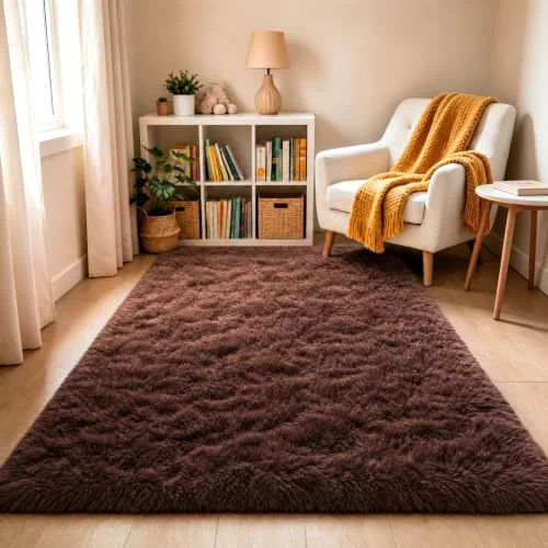 LOCHAS Fluffy Shag Area Rug 3 × 5 ft, Brown
