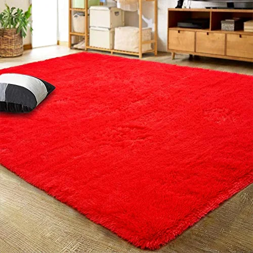 LOCHAS Fluffy Shag Area Rug 4 × 5.3 ft, Red