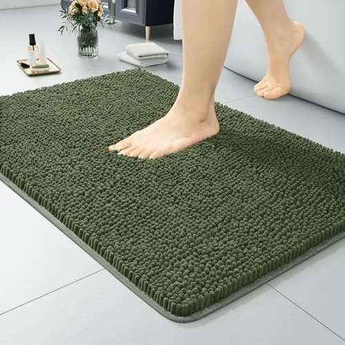LOCHAS Luxury Chenille Bath Mat 24 × 36 in, Olive Green