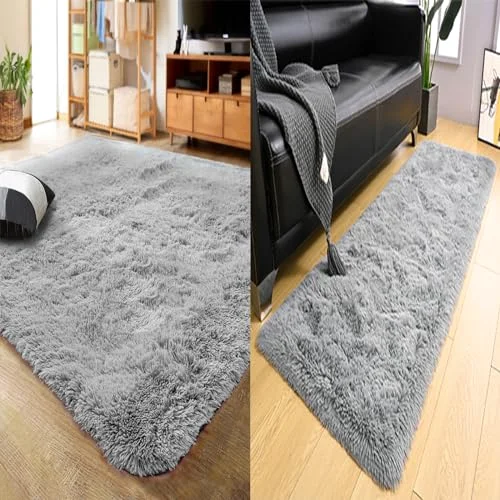 LOCHAS Shag Rug and Runner Set (2 pc) 3 × 5 + 2 × 4 ft, Grey