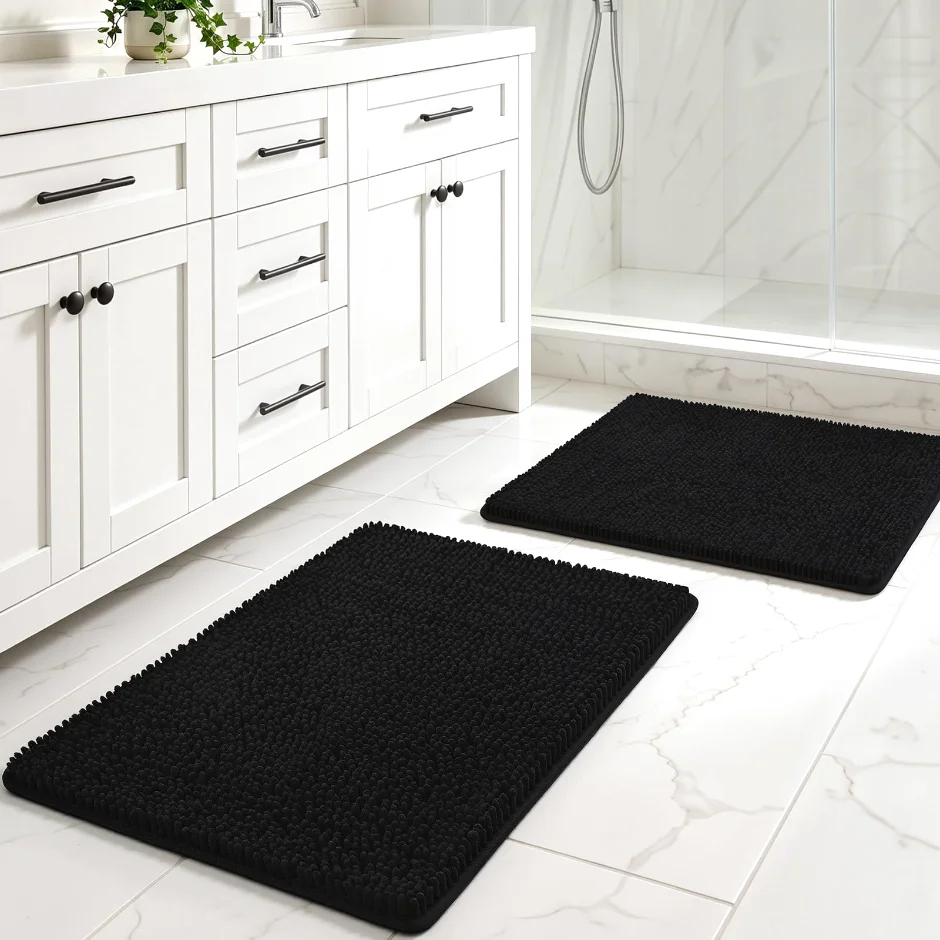 LOCHAS Chenille Bath Rug Set (2 pc) 24 × 17 in, Black