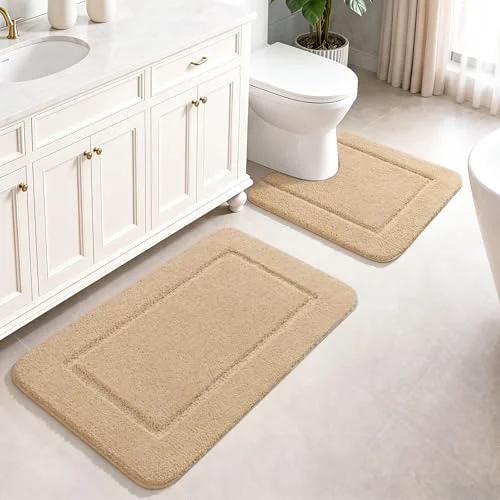 LOCHAS Chenille Bath Rug Set (2 pc) 24 × 24 + 34 × 21 in, Beige