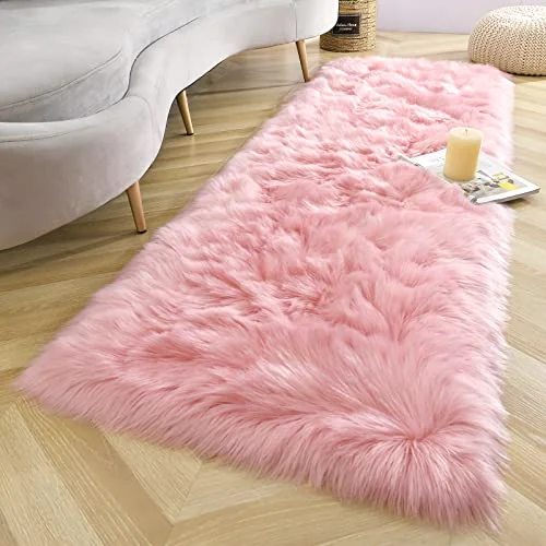 LOCHAS Faux Fur Bedside Rug 2 × 5 ft, Pink