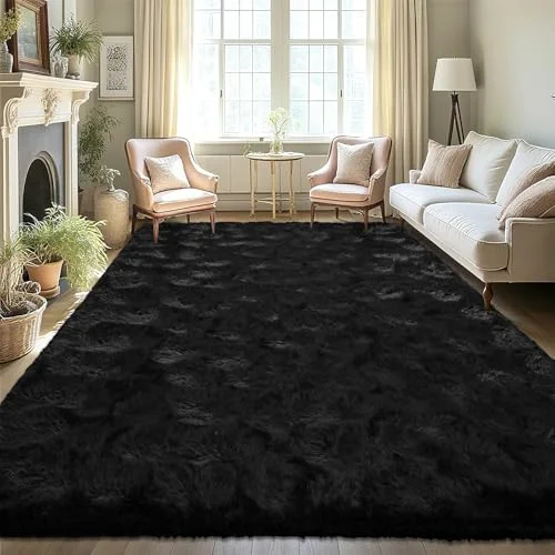 LOCHAS Fluffy Shag Area Rug 3 × 5 ft, Black