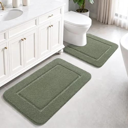 LOCHAS Chenille Bath Rug Set (2 pc) 24 × 24 + 34 × 21 in, Sage Green