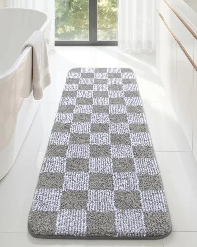 LOCHAS Checkered Bath Mat 48 × 17 in, Grey