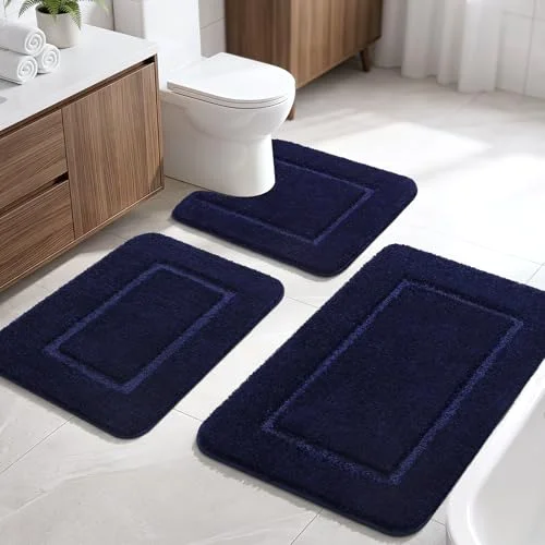 LOCHAS Chenille Bath Rug Set (3 pc), Navy Blue