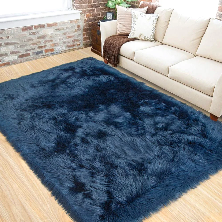 LOCHAS Faux Fur Bedside Rug 3 × 5 ft, Light Navy